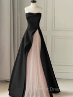 Chic Pink and Black Satin with Tulle Prom Dress, A Line Long Prom Dresses