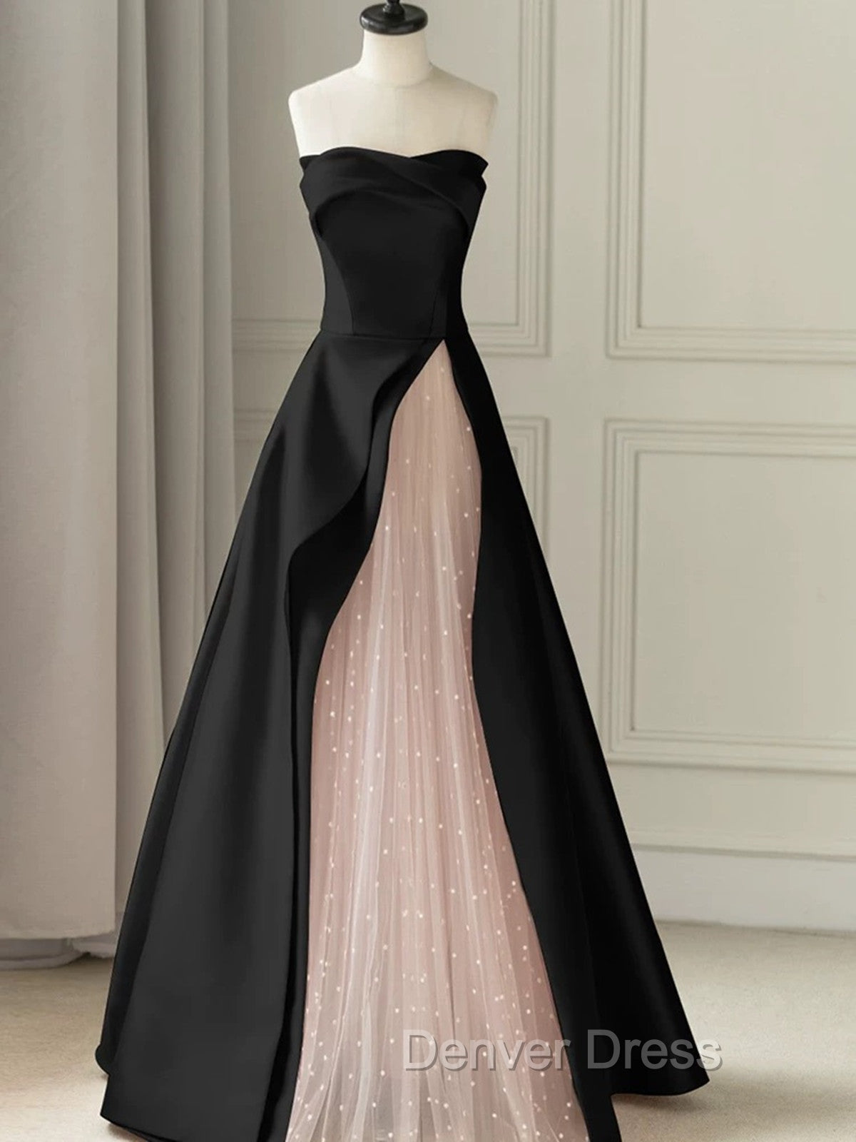 Chic Pink and Black Satin with Tulle Prom Dress, A Line Long Prom Dresses