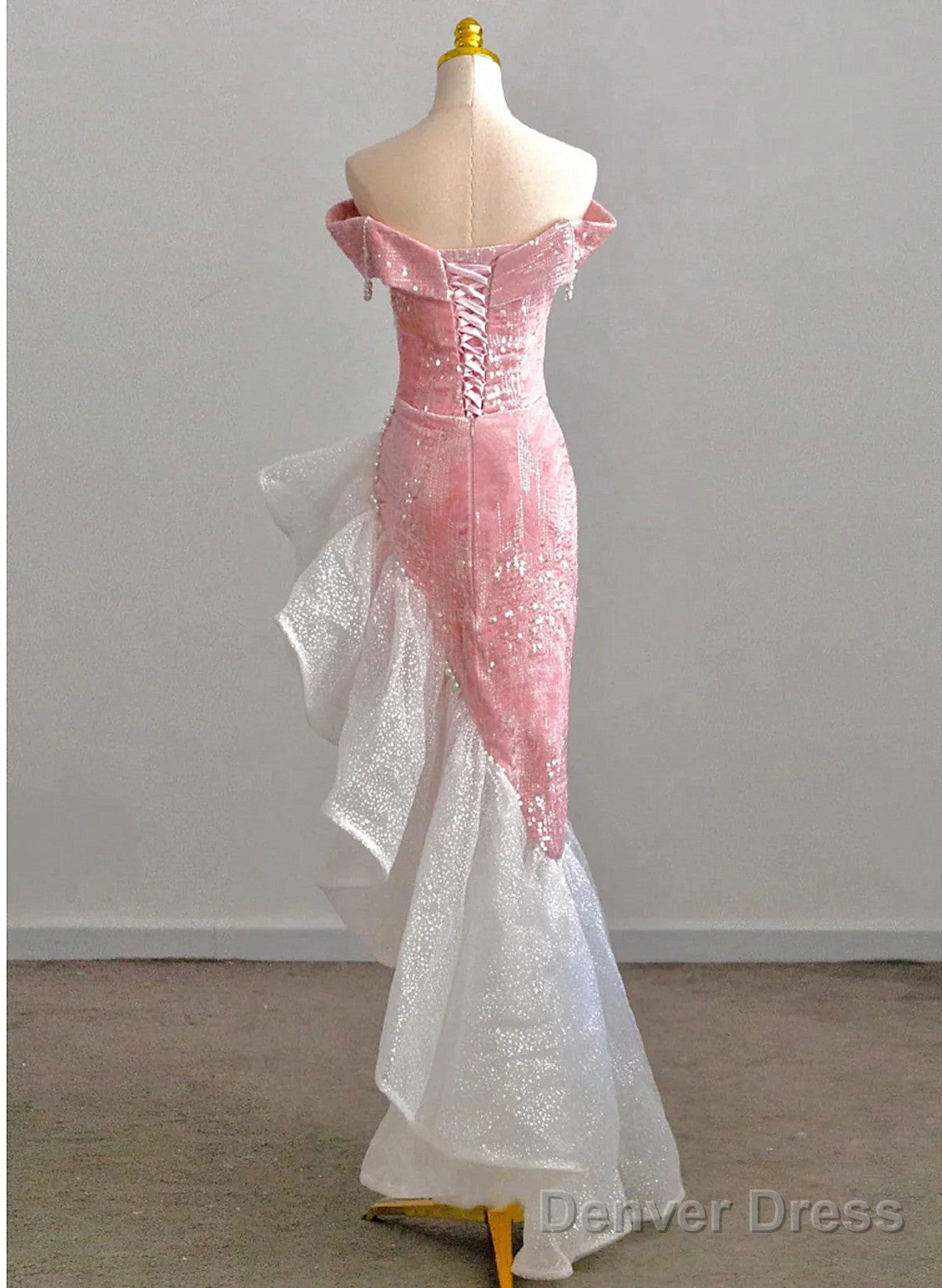 Chic Pink High Low Mermaid Off Shoulder Prom Dress, Pink Homecoming Dresses