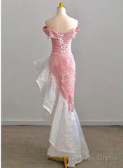 Chic Pink High Low Mermaid Off Shoulder Prom Dress, Pink Homecoming Dress