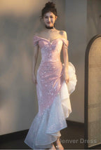 Chic Pink High Low Mermaid Off Shoulder Prom Dress, Pink Homecoming Dresses