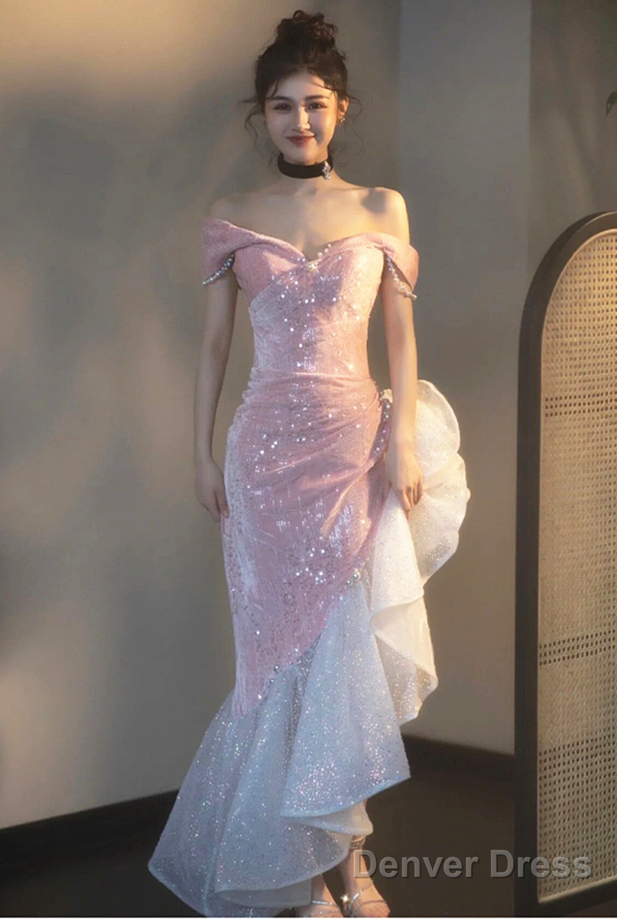 Chic Pink High Low Mermaid Off Shoulder Prom Dress, Pink Homecoming Dresses