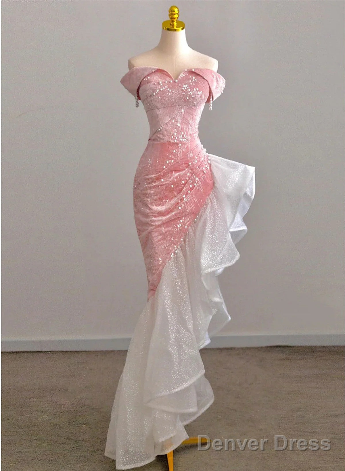 Chic Pink High Low Mermaid Off Shoulder Prom Dress, Pink Homecoming Dress Main image