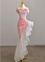 Chic Pink High Low Mermaid Off Shoulder Prom Dress, Pink Homecoming Dresses