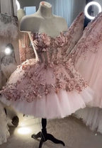 Chic Pink Prom Dresses Hand Made Flowers 18Th Birthday Outfits