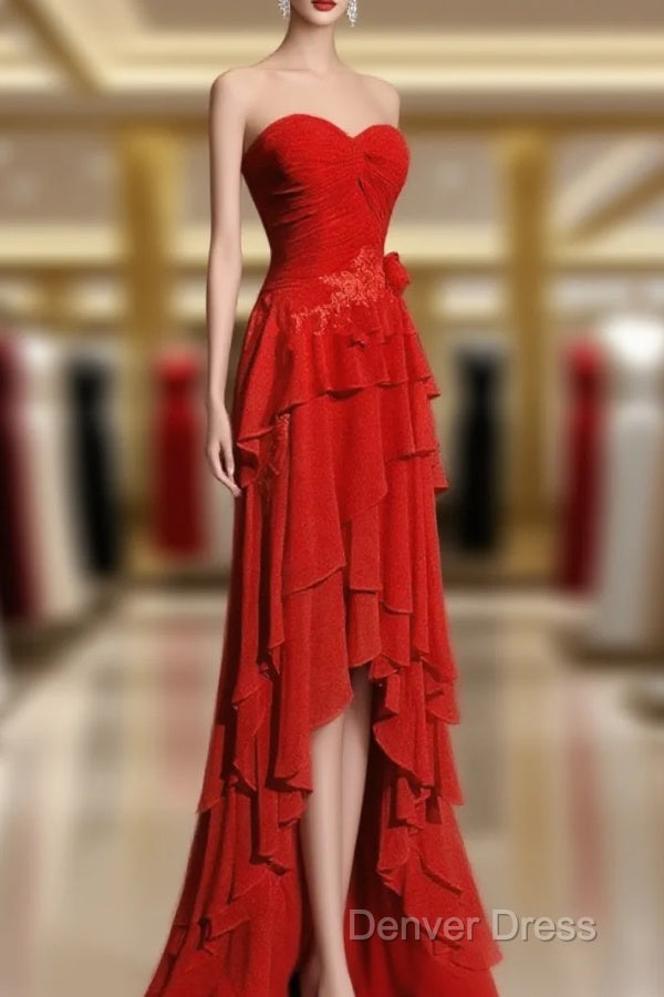 Chic Red High Low Chiffon Wedding Party Dresses, Red Layers Long Formal Dresses Main image