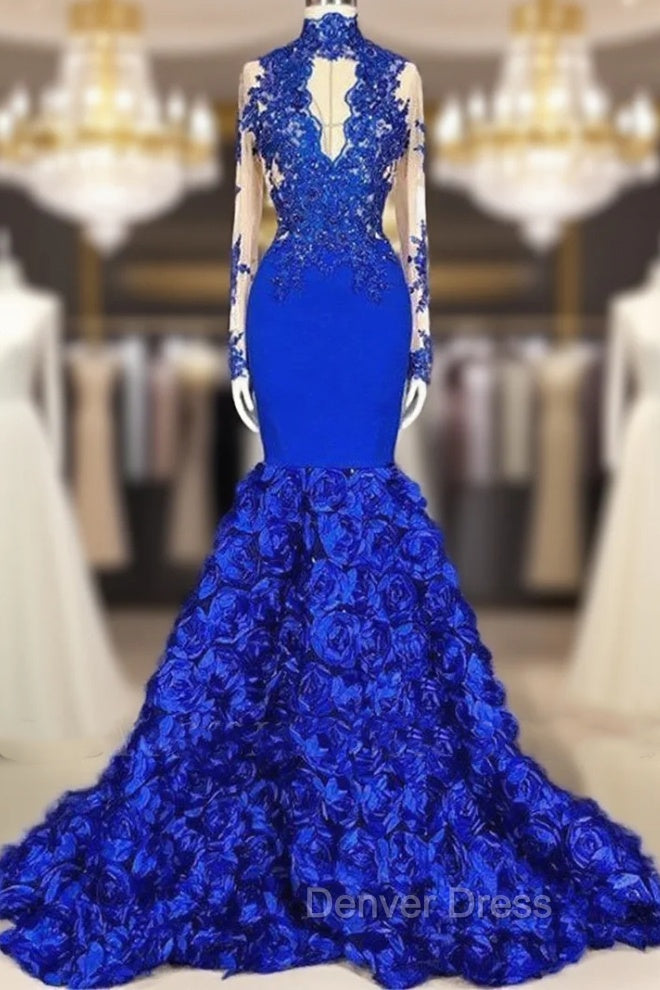 Chic Royal Blue Keyhole Flowers Train High neck Mermaid Prom Party Gowns Main image