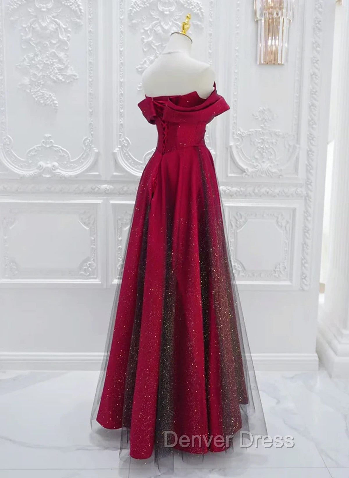 Chic Satin Long Party Dresses Prom Dresses, A-line Red Off Shoulder Evening Dresses Secondary image