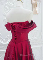 Chic Satin Long Prom Dress Prom Dress, A Line Red Off Shoulder Prom Dresses