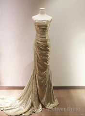 Chic Sequins Mermaid Scoop Long Formal Dress, Gold Long Prom Dress Party Dress
