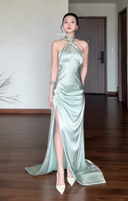 Chic Sheath Green Wedding Guest Dress Satin Halter Long Prom Dresses