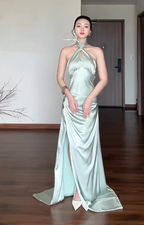 Chic Sheath Green Wedding Guest Dress Satin Halter Long Prom Dresses