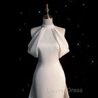 Chic Sheath High neckline Sleeveless Ivory Satin Long Wedding Dresses With Train