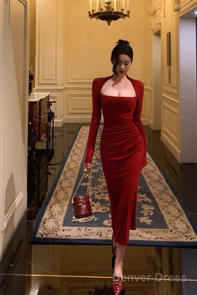 Chic Sheath Long Sleeves Red Prom Dresses Sexy Birthday Outfits