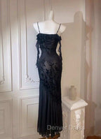 Chic Sheath Spaghetti Straps Black Evening Dresses Long Prom Dresses