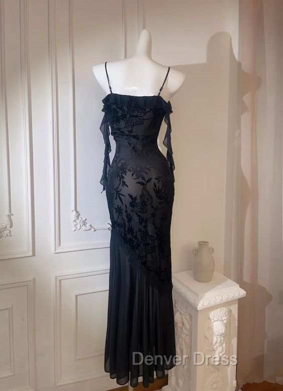 Chic Sheath Spaghetti Straps Black Prom Dress Long Prom Dresses
