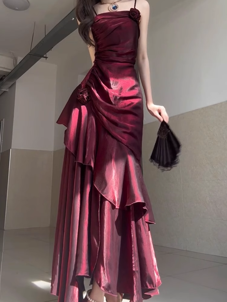 Chic Sheath Spaghetti Straps Burgundy Long Prom Dresses Birthday Outfits