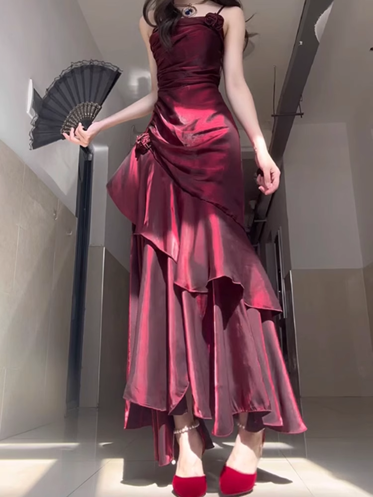 Chic Sheath Spaghetti Straps Burgundy Long Prom Dresses Birthday Outfits