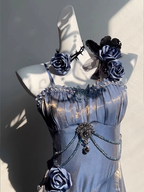 Chic Sheath Spaghetti Straps Floral Blue Long Prom Dresses Birthday Outfits With Sleeves