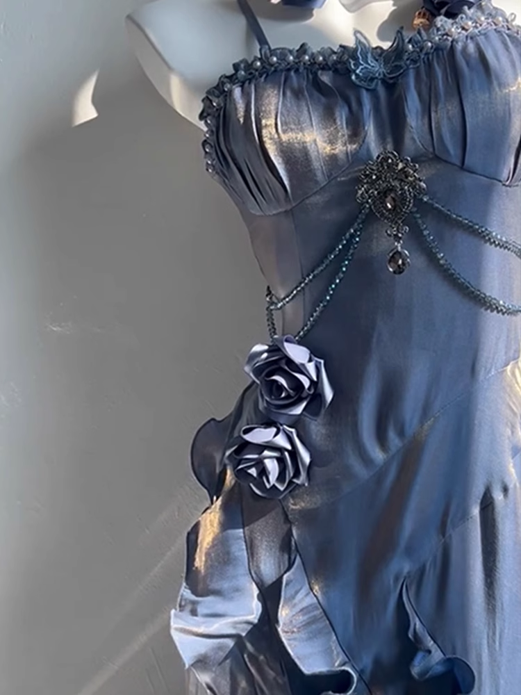 Chic Sheath Spaghetti Straps Floral Blue Long Prom Dresses Birthday Outfits With Sleeves