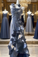 Chic Sheath Spaghetti Straps Floral Blue Long Prom Dresses Birthday Outfits With Sleeves
