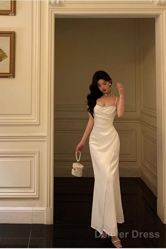 Chic Sheath Spaghetti Straps Long White Prom Dresses Birthday Outfits