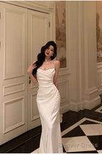 Chic Sheath Spaghetti Straps Long White Prom Dresses Birthday Outfits