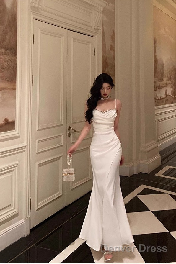 Chic Sheath Spaghetti Straps Long White Prom Dresses Birthday Outfits