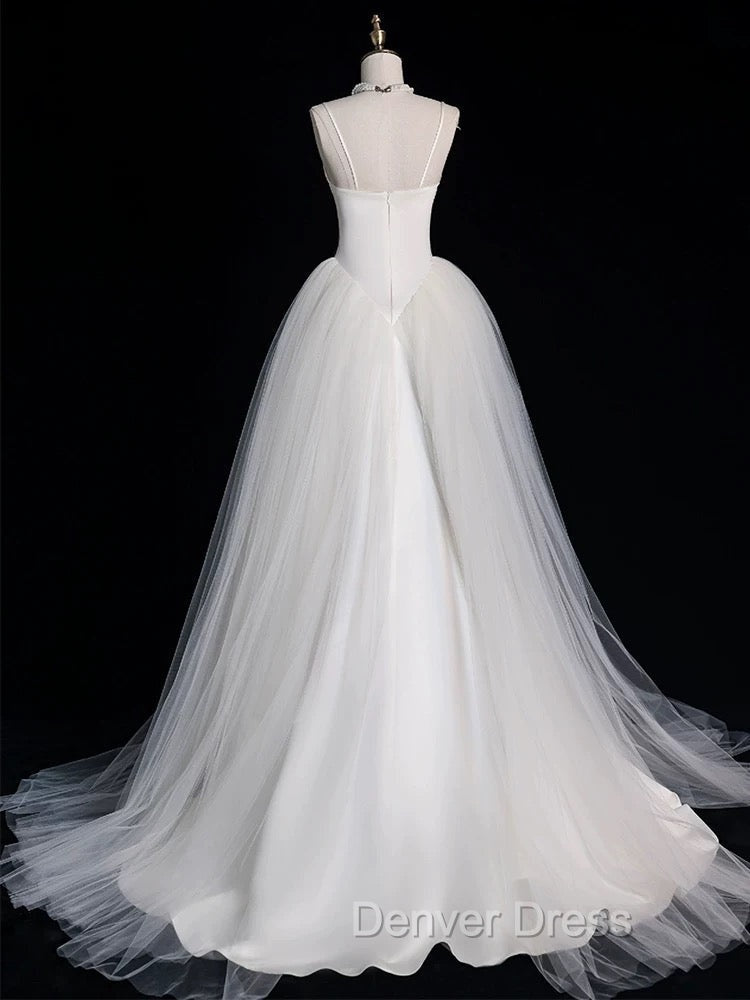 Chic Sheath Spaghetti Straps Sleeveless White Satin Wedding Dresses With Ruffles Secondary image