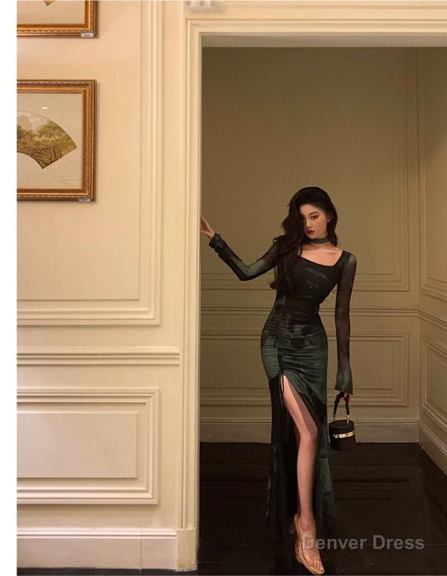 Chic Sheath Square Neckline Long Sleeves Green Long Prom Dress Birthday Dresses Secondary image