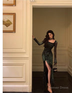 Chic Sheath Square Neckline Long Sleeves Green Long Prom Dress Birthday Dresses