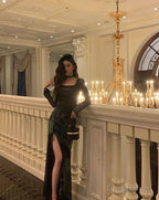 Chic Sheath Square Neckline Long Sleeves Green Long Prom Dress Birthday Dresses