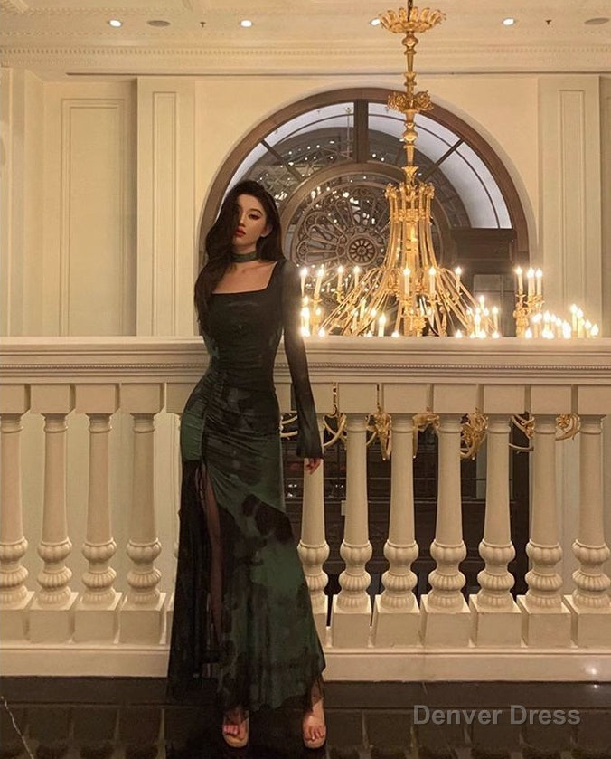 Chic Sheath Square Neckline Long Sleeves Green Long Prom Dress Birthday Dresses