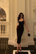 Chic Sheath Straps Black Satin Prom Dresses With Beads Birthday Dress