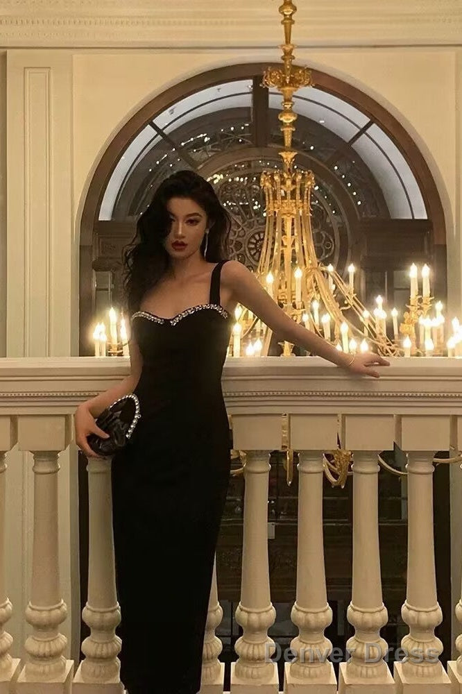 Chic Sheath Straps Black Satin Prom Dresses With Beads Birthday Dress