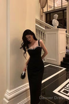 Chic Sheath Straps Black Satin Prom Dress With Beads Birthday Dresses