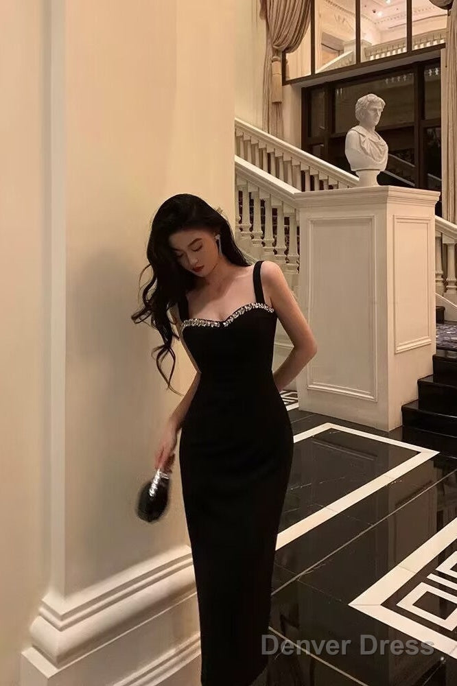 Chic Sheath Straps Black Satin Prom Dress With Beads Birthday Dresses