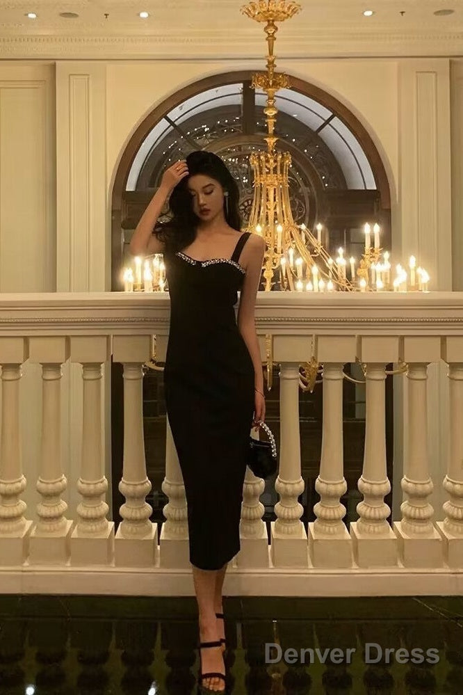 Chic Sheath Straps Black Satin Prom Dresses With Beads Birthday Dress Main image