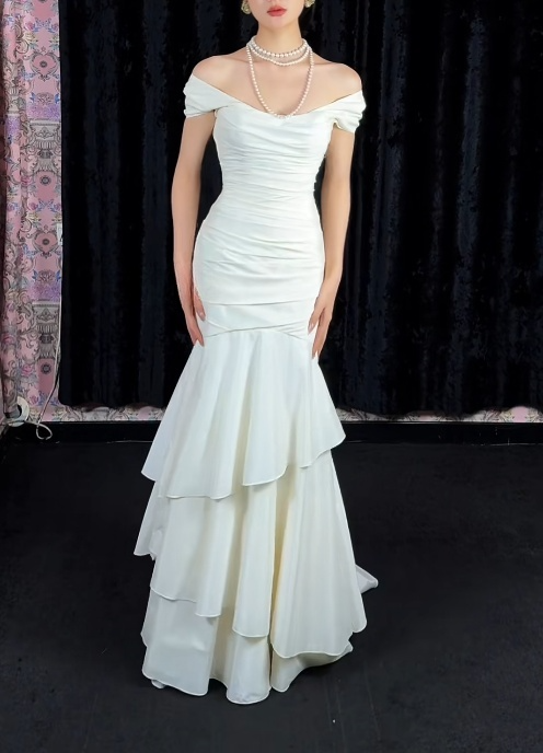 Chic Mermaid White Bridal Shower Dress Chiffon Off-Shoulder Long Prom Dresses