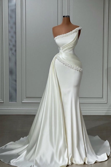 Chic Sleeveless Wedding Gowns With Beads Long White One Shoulder Main image