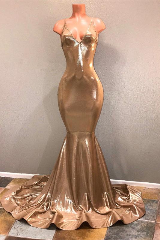 Chic Spaghetti Strap Gold Prom Dress, Sleeveless Prom Party Gowns Secondary image