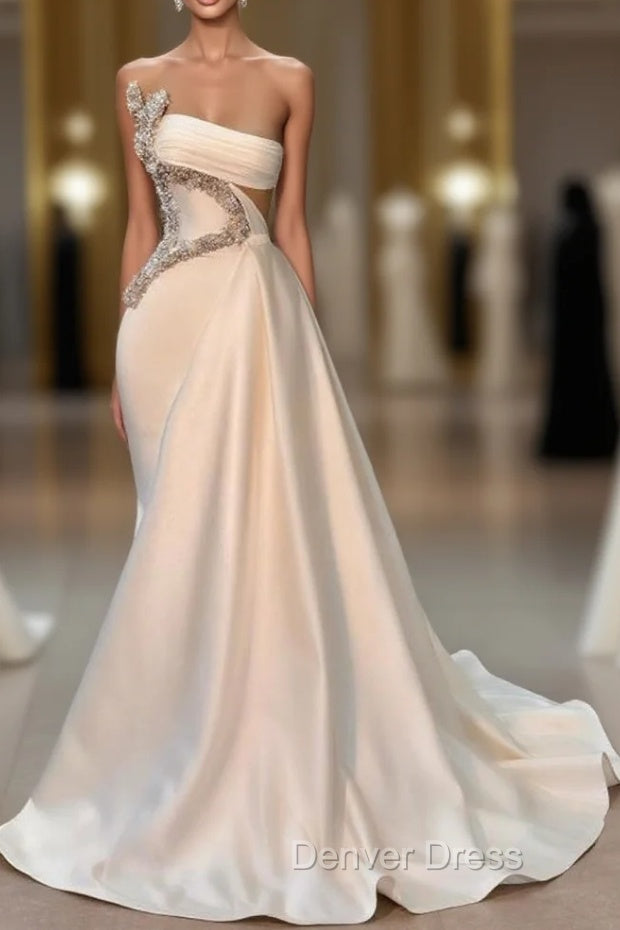 Chic Strapless Sleeveless Waist Hollow Beaded Empire Ruched Satin Prom Dresses Main image