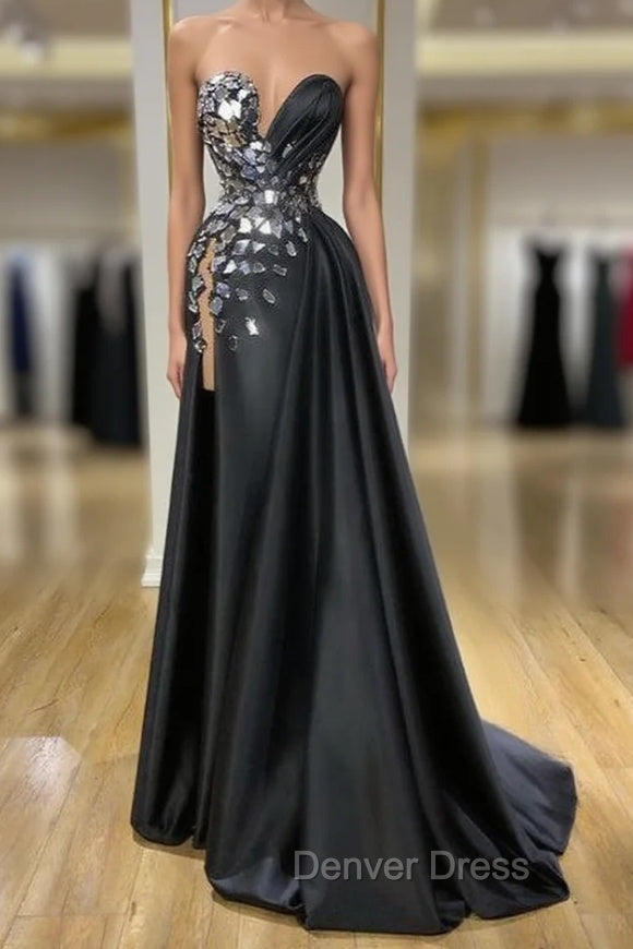 Chic Sweetheart Crystal Long Prom Dresses With Split Online Main image