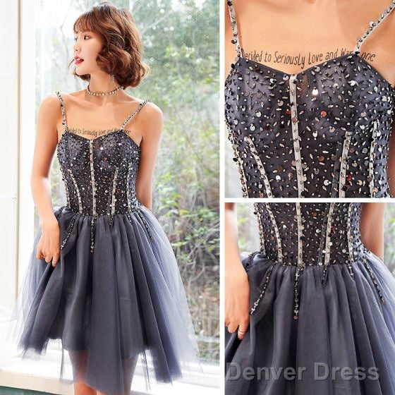 Chic Tulle Beaded Straps Knee Length Homecoming Dress Prom Dress, Short Formal Dress