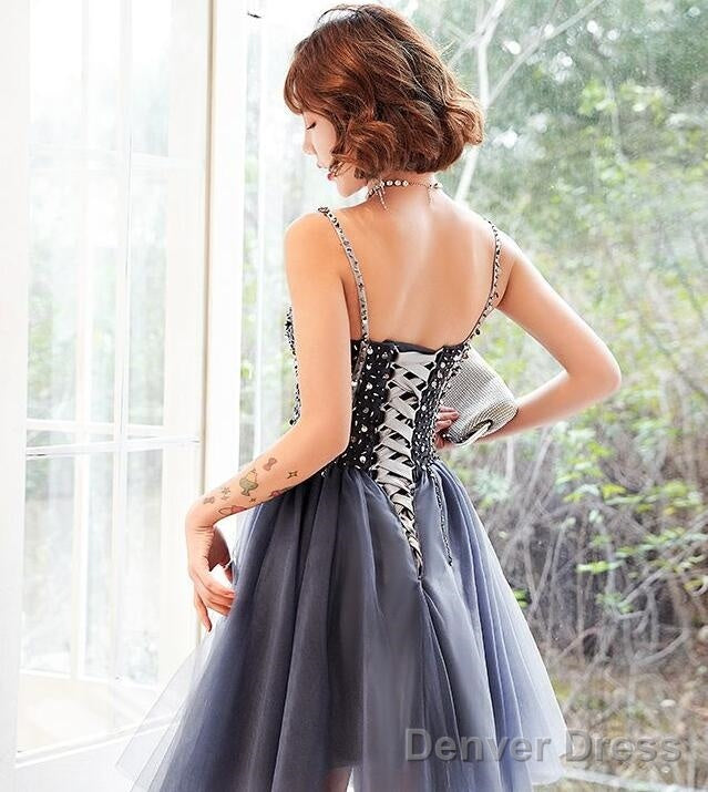 Chic Tulle Beaded Straps Knee Length Homecoming Dress Prom Dress, Short Prom Dresses