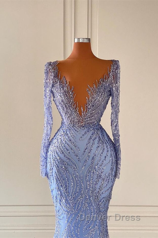 Chic V Neck Long Sleeves Mermaid Prom Dresses with Beads