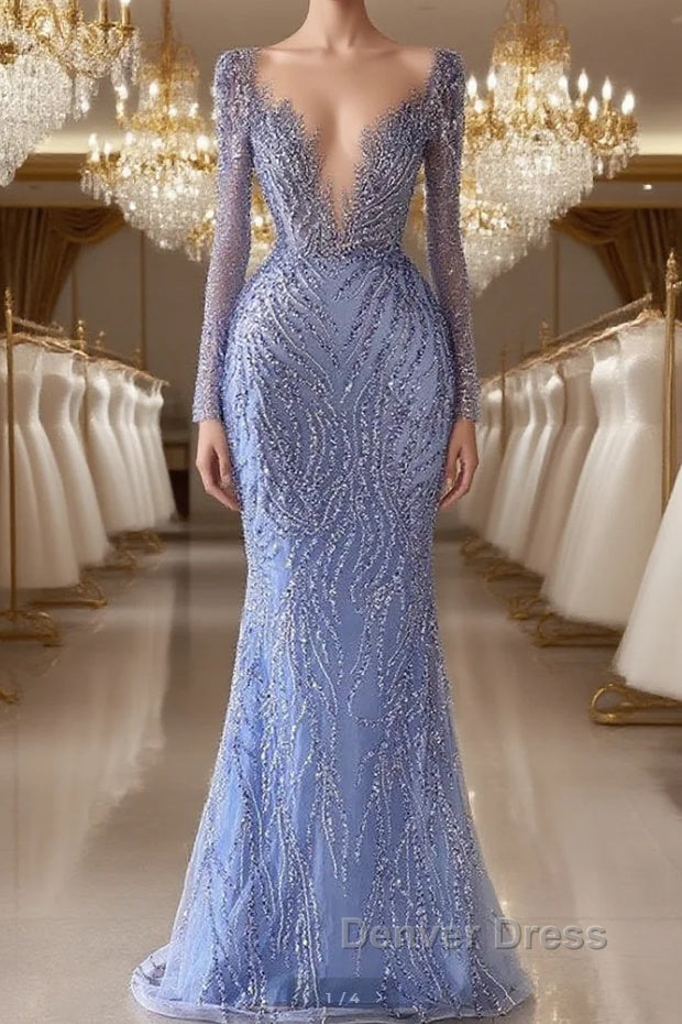 Chic V-Neck Long Sleeves Mermaid Prom Dresses with Beads Main image