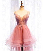 Chic V-neckline Lace Applique Tulle High Low Straps Homecoming Dresses, Tulle Short Prom Dresses