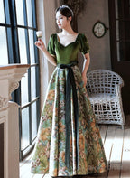 Chic Velvet Floral Short Sleeves Long Prom Dress, Green Sweetheart Prom Dresses