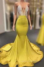 Chic Yellow Sleeveless Crystals Sheer Tulle Prom Dresses New Arrival Mermaid Formal Evening Gowns